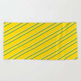 [ Thumbnail: Yellow, Beige & Green Colored Lined/Striped Pattern Beach Towel ]