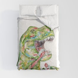 T-rex brushing teeth dinosaur painting watercolour Comforter