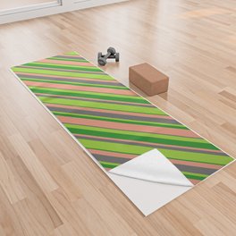 [ Thumbnail: Green, Forest Green, Dark Salmon, and Dim Gray Colored Striped/Lined Pattern Yoga Towel ]