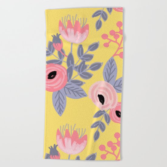 Yellow Floral Pattern Beach Towel