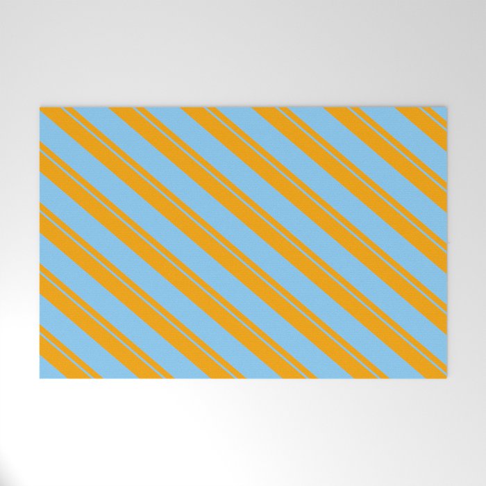 Orange & Light Sky Blue Colored Striped/Lined Pattern Welcome Mat