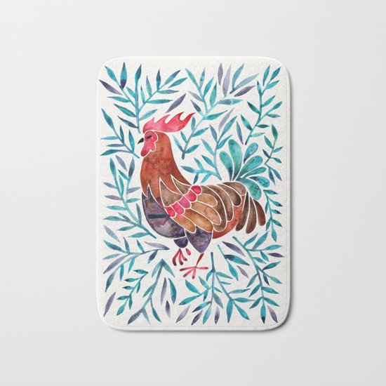 Le Coq – Watercolor Rooster with Turquoise Leaves Bath Mat