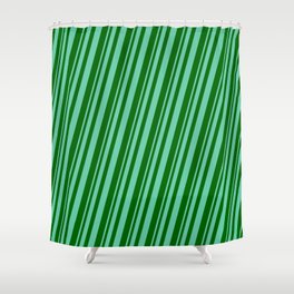 [ Thumbnail: Aquamarine and Dark Green Colored Pattern of Stripes Shower Curtain ]