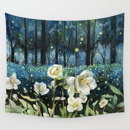 Magical Forest at Night, Fireflies and Helleborus Wall Tapestry