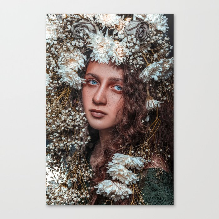 Floral forest female portrait with white blossoms color magical realism photograph / photography Canvas Print