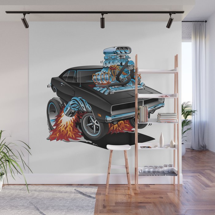 Classic 69 American Muscle Car Cartoon Wall Mural By Hobrath