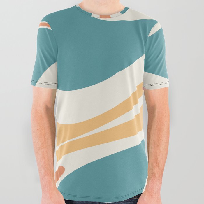 Mellow Flow Retro 60s 70s Abstract Pattern Teal Blush Mustard Cream All Over Graphic Tee