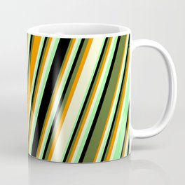 [ Thumbnail: Colorful Dark Orange, Light Yellow, Green, Black, and Dark Olive Green Colored Pattern of Stripes Coffee Mug ]