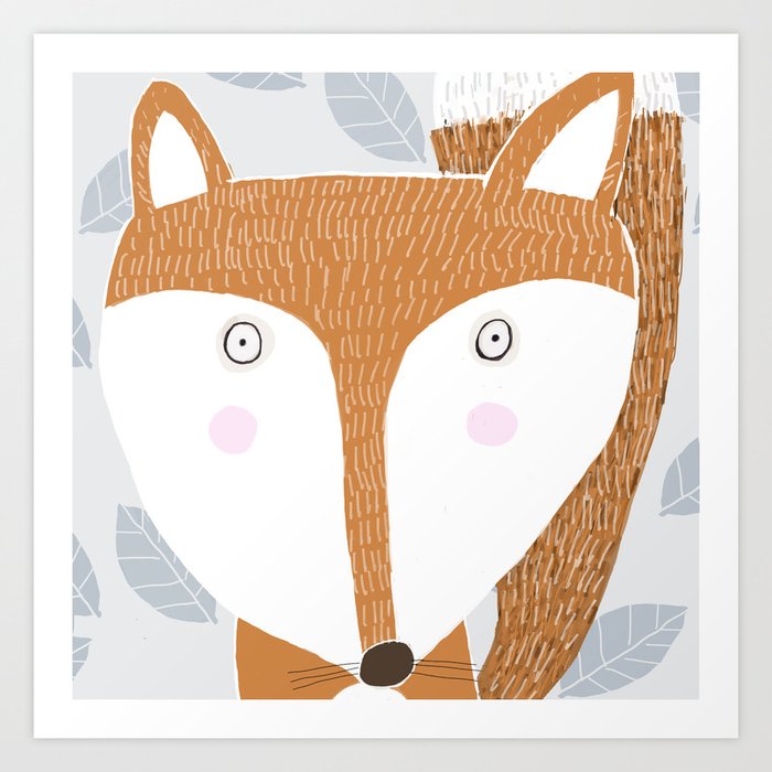 Woodland Fox with Grey Leaf Pattern Illustrated by Children's Artist Carla Daly Art Print