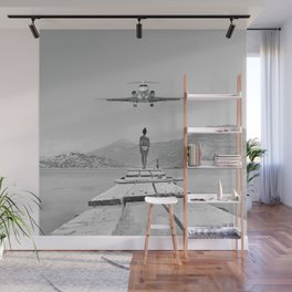 Steady As She Goes; aircraft coming in for an island landing black and white photography- photographs Wall Mural