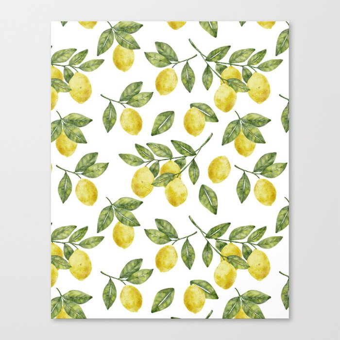 Yellow summer watercolor lemons with green leaves citrus pattern Canvas Print