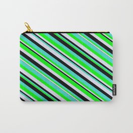 [ Thumbnail: Turquoise, Lime, Lavender, and Black Colored Stripes/Lines Pattern Carry-All Pouch ]