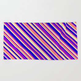[ Thumbnail: Blue, Dark Violet, Salmon & Pale Goldenrod Colored Lined Pattern Beach Towel ]