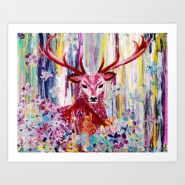 A Deer in Flower Dream Forest Art Print