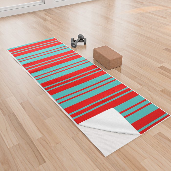 Turquoise & Red Colored Lines Pattern Yoga Towel