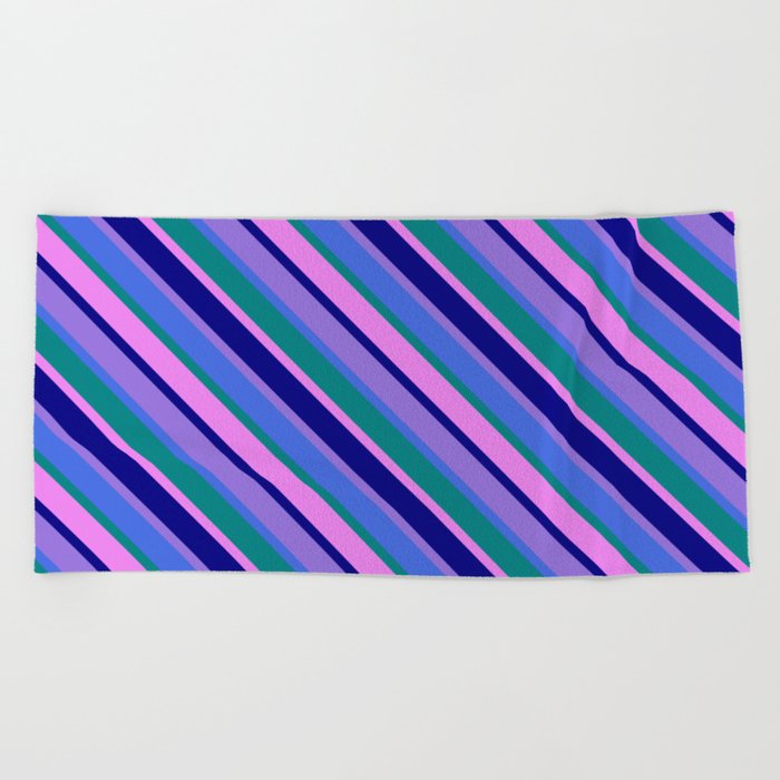 Purple, Royal Blue, Teal, Violet & Blue Colored Stripes/Lines Pattern Beach Towel