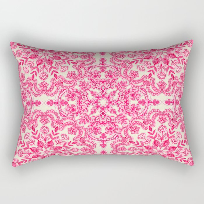Hot Pink & Soft Cream Folk Art Pattern Rectangular Pillow
