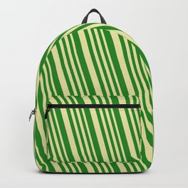 [ Thumbnail: Pale Goldenrod and Forest Green Colored Lined/Striped Pattern Backpack ]