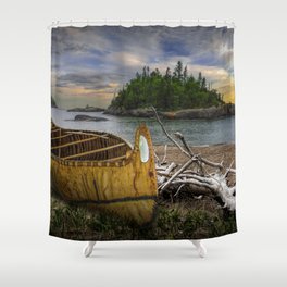 Birch Bark Canoe ashore on Driftwood Beach  Shower Curtain
