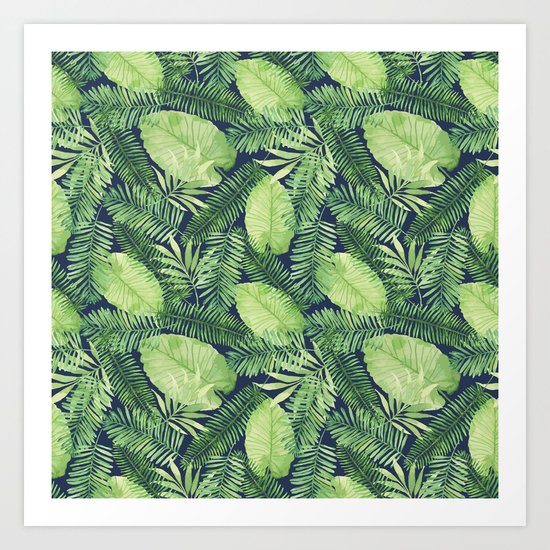 Tropical Branches Pattern on Dark 02 Art Print
