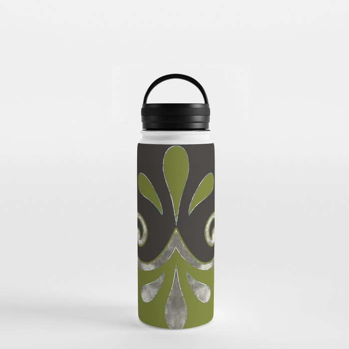 Abstract ornamental shape in olive green, grey  and silver Water Bottle