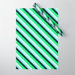 [ Thumbnail: Eyecatching Green, White, Aquamarine, Midnight Blue & Black Colored Stripes Pattern Wrapping Paper ]