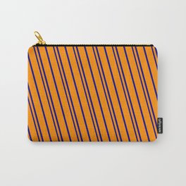 [ Thumbnail: Dark Orange & Dark Blue Colored Pattern of Stripes Carry-All Pouch ]