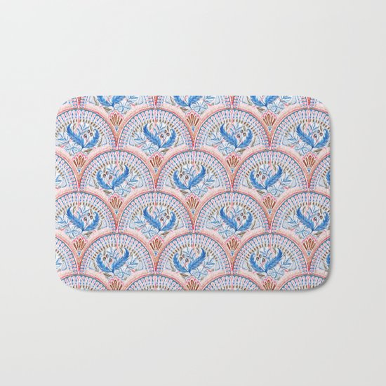Art Deco Fresco in Sky Blue and Coral Bath Mat