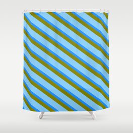 [ Thumbnail: Light Sky Blue, Blue & Green Colored Striped/Lined Pattern Shower Curtain ]