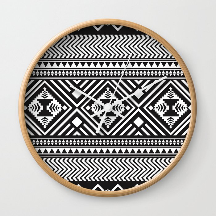 Monochrome Aztec inspired geometric pattern Wall Clock