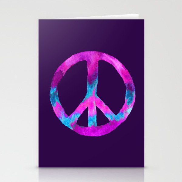 Purple Turquoise Watercolor Tie Dye Peace Sign on Purple Stationery Cards