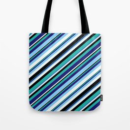 [ Thumbnail: Colorful Light Sea Green, Midnight Blue, Light Sky Blue, Mint Cream & Black Colored Stripes Pattern Tote Bag ]