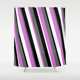 [ Thumbnail: Dim Gray, Orchid, White & Black Colored Stripes/Lines Pattern Shower Curtain ]