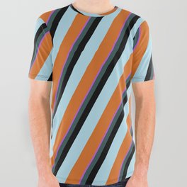 [ Thumbnail: Orchid, Dark Slate Gray, Black, Light Blue & Chocolate Colored Striped/Lined Pattern All Over Graphic Tee ]
