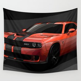 Challenger Hell Cat Car Orange Red with Stripes Wall Tapestry