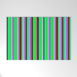 [ Thumbnail: Eye-catching Orchid, Sky Blue, Lime, Green & Dark Red Colored Lined Pattern Welcome Mat ]