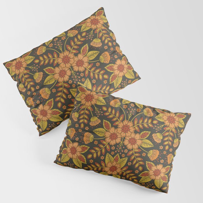 Orange Peach Olive Green Dark Gray Floral Pattern Pillow Sham