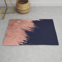Navy blue abstract faux rose gold brushstrokes Area & Throw Rug