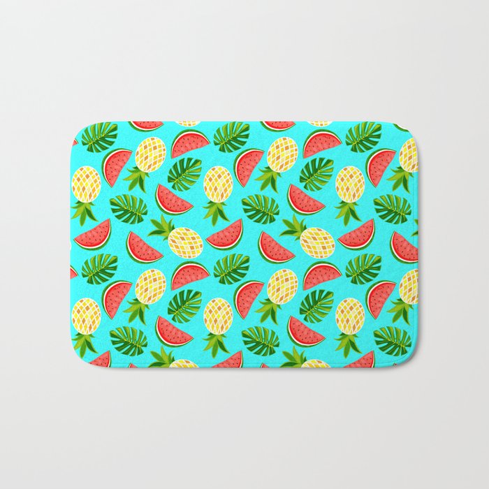 Bright slices of watermelon and pineapple with monstera leaves Bath Mat