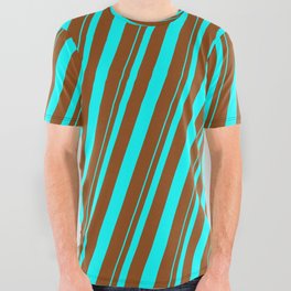 [ Thumbnail: Aqua and Brown Colored Lined/Striped Pattern All Over Graphic Tee ]