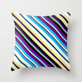 [ Thumbnail: Eye-catching Purple, Deep Sky Blue, White, Tan & Black Colored Striped Pattern Throw Pillow ]