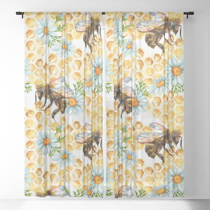 Bees and Honeycomb summer floral print Sheer Curtain