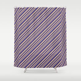 [ Thumbnail: Tan and Dark Slate Blue Colored Lines Pattern Shower Curtain ]