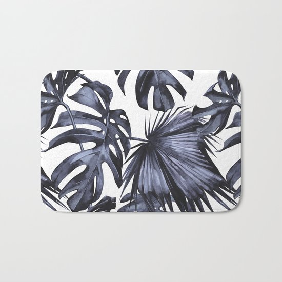 Classic Palm Leaves Navy Blue Bath Mat