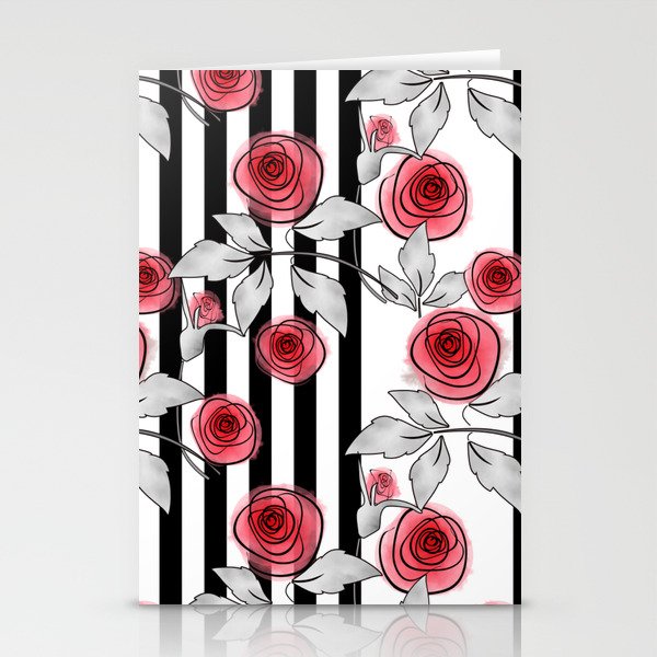 Red Roses On Black And White Striped Background Stationery Cards By