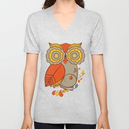 Abstract Colorful Floral Owl, Cute Owl Sticker, Terracotta Colors, Orange Yellow Gray And  Brown Unisex V-Neck
