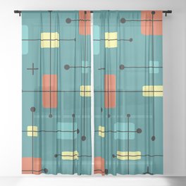 Rounded Rectangles Squares Teal Sheer Curtain