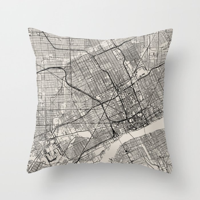 Detroit, Michigan - Black and White City Map - USA - Aesthetic Throw Pillow