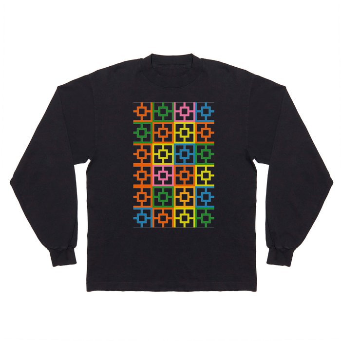 Colorful Mid Century Modern Geometric Breeze Block Pattern Long Sleeve T Shirt