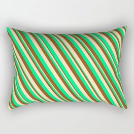 [ Thumbnail: Green, Brown & Beige Colored Lined/Striped Pattern Rectangular Pillow ]